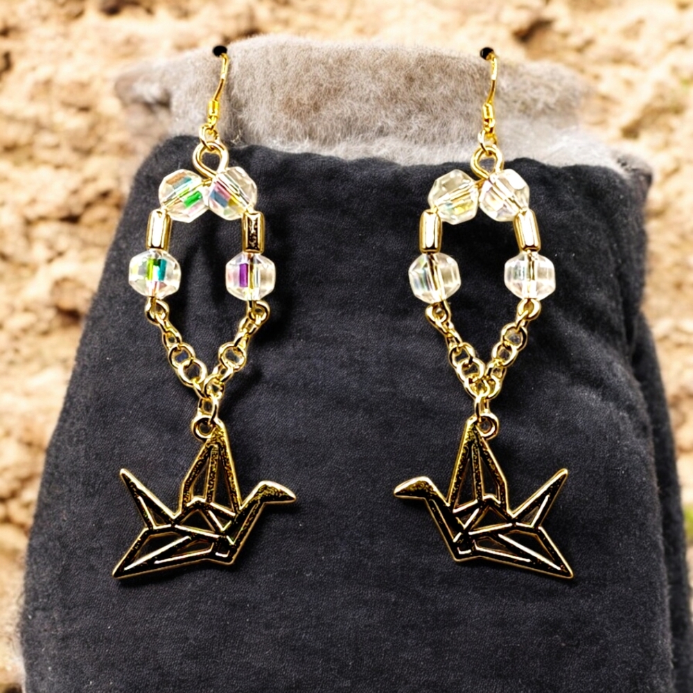 Wings of Hope/Gold Toned Origami Cranes with Glass  Beads